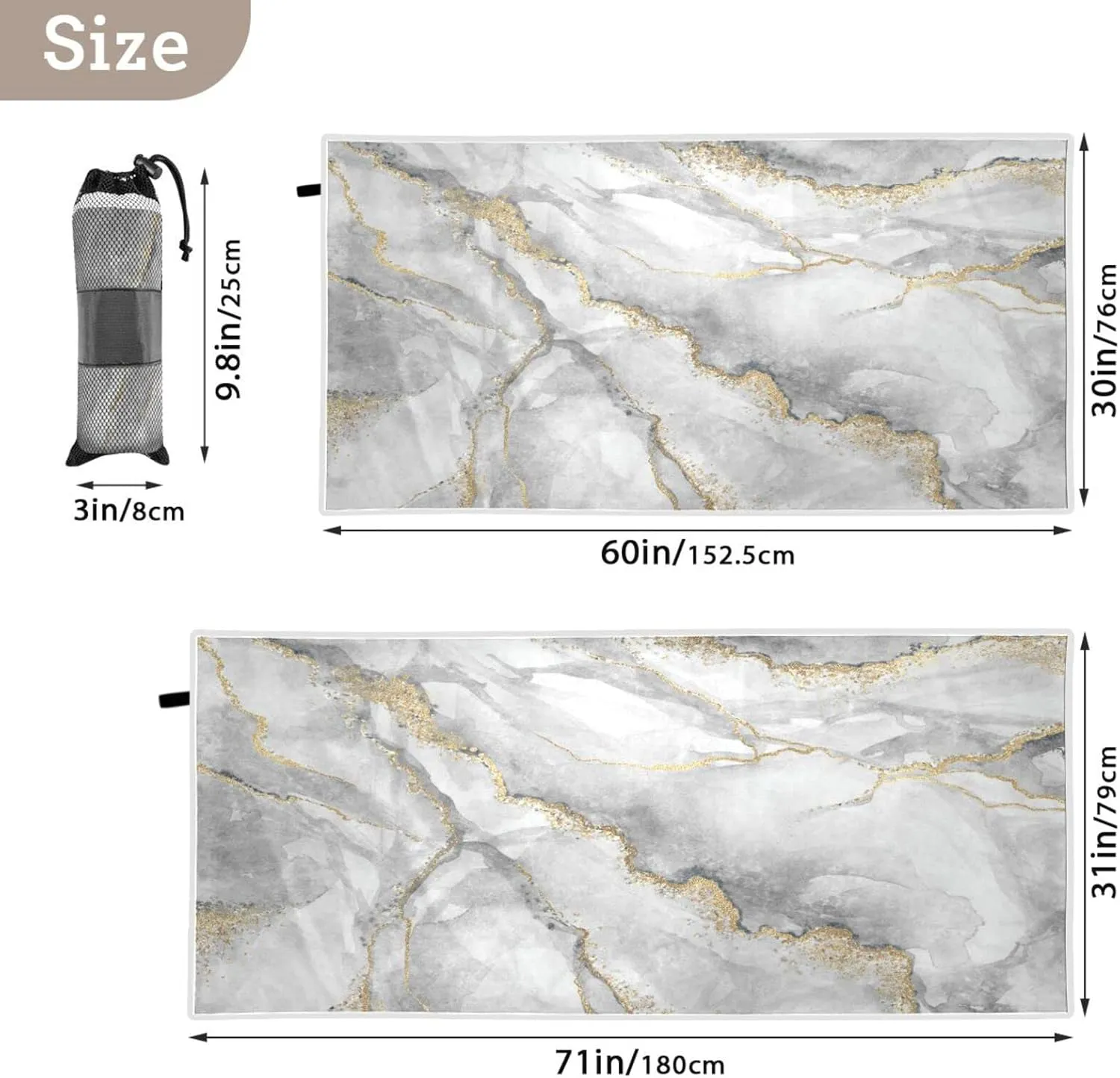 Oyihfvs White Grey Marble with Gold Veins Powder Agate Ripples Quick Drying Beach Towel, Foldable Yoga Towel, Soft Sport Towel, Sweat Absorbent Towel with Storage Mesh Bag 31 x 71 inch (M)