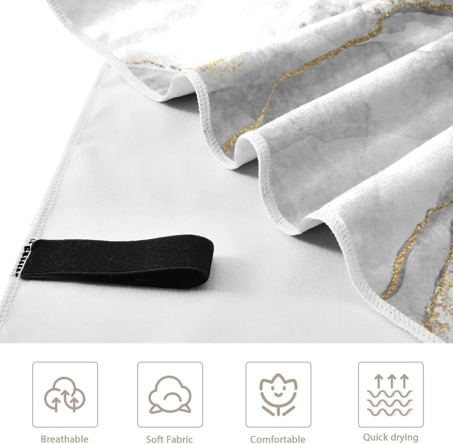 Oyihfvs White Grey Marble with Gold Veins Powder Agate Ripples Quick Drying Beach Towel, Foldable Yoga Towel, Soft Sport Towel, Sweat Absorbent Towel with Storage Mesh Bag 31 x 71 inch (M)