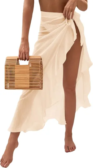 OYOANGLE Women's Mesh Sheer Swimsuit Cover Up Ruffle Tie Side Beach Sarong Wrap Long Skirt