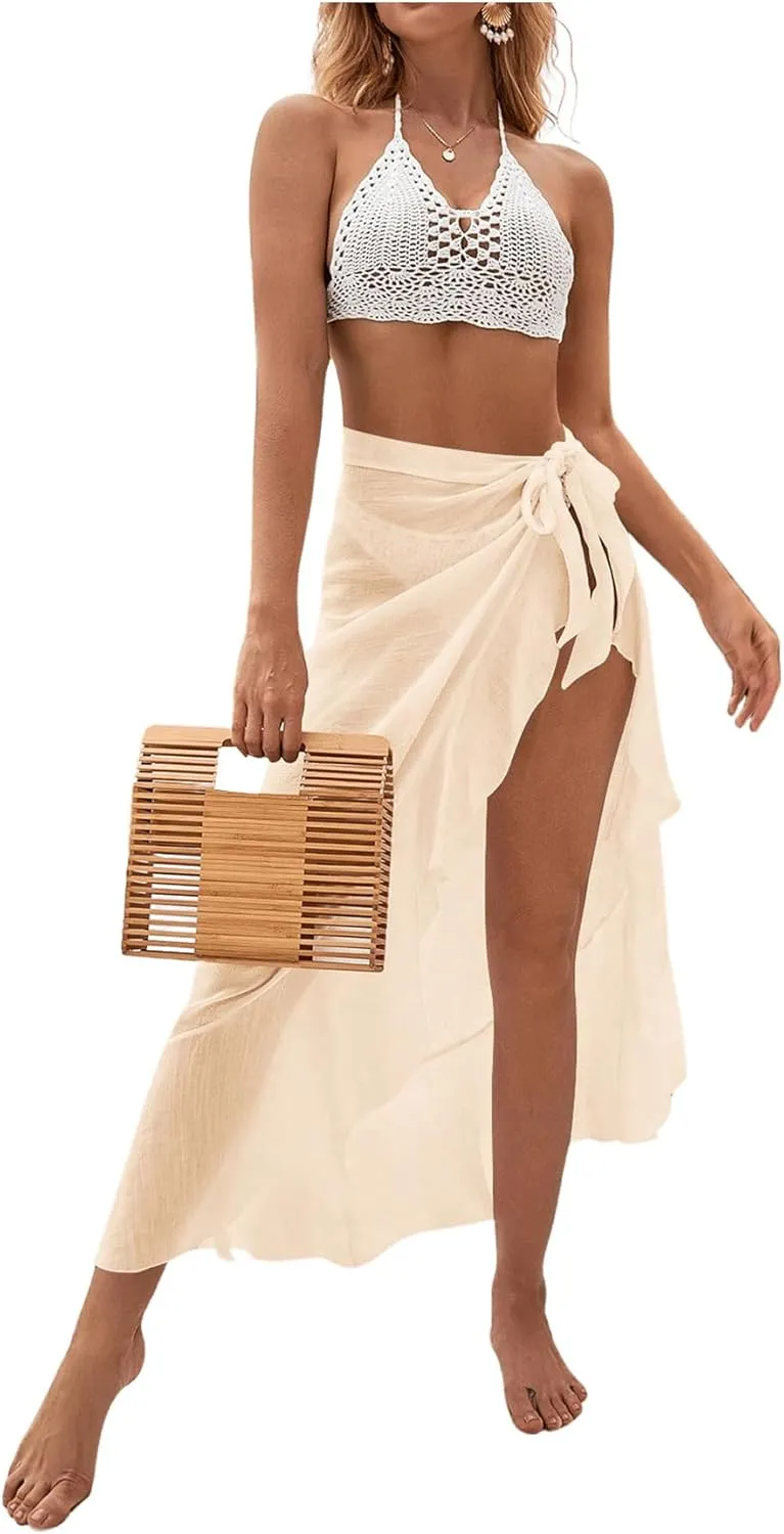 OYOANGLE Women's Mesh Sheer Swimsuit Cover Up Ruffle Tie Side Beach Sarong Wrap Long Skirt