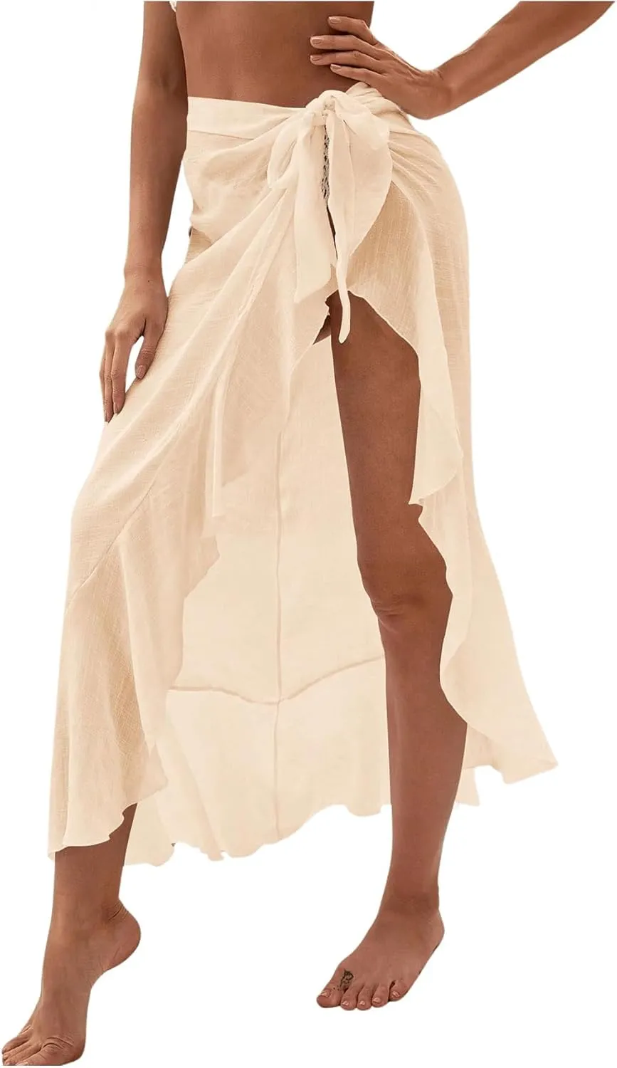 OYOANGLE Women's Mesh Sheer Swimsuit Cover Up Ruffle Tie Side Beach Sarong Wrap Long Skirt