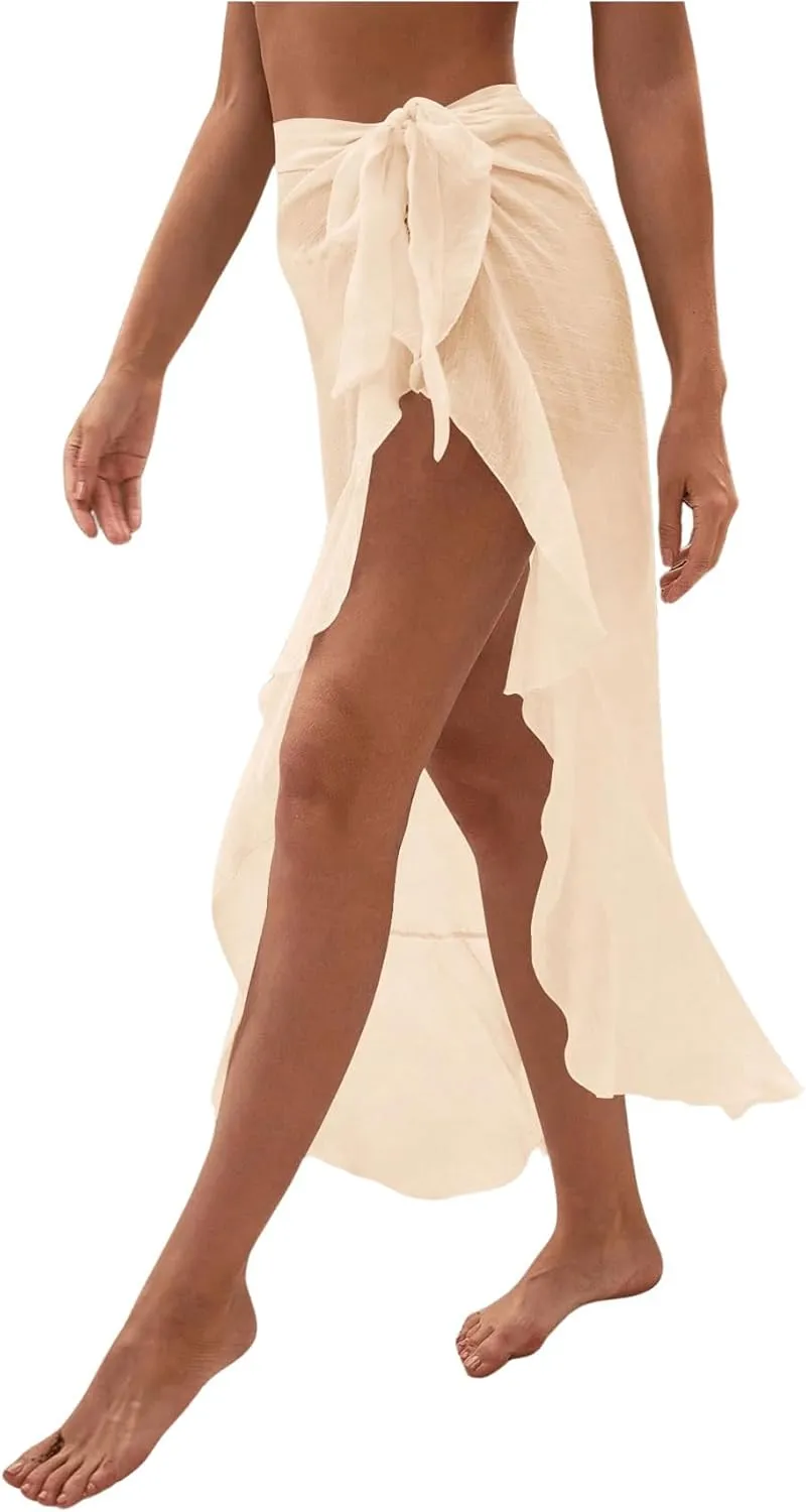 OYOANGLE Women's Mesh Sheer Swimsuit Cover Up Ruffle Tie Side Beach Sarong Wrap Long Skirt