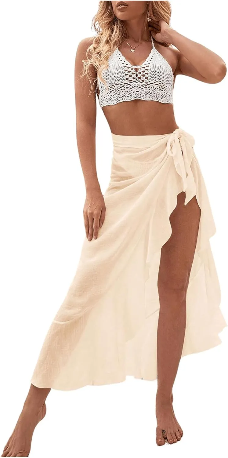 OYOANGLE Women's Mesh Sheer Swimsuit Cover Up Ruffle Tie Side Beach Sarong Wrap Long Skirt
