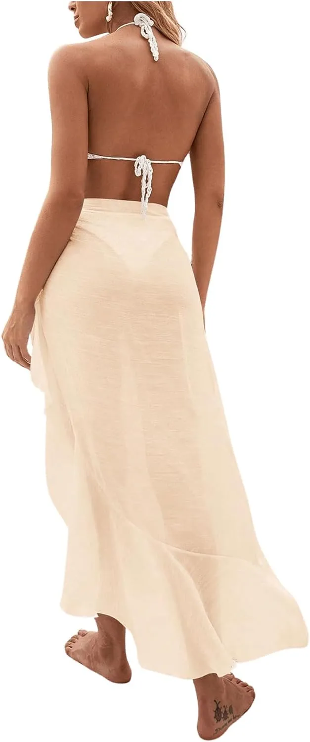 OYOANGLE Women's Mesh Sheer Swimsuit Cover Up Ruffle Tie Side Beach Sarong Wrap Long Skirt