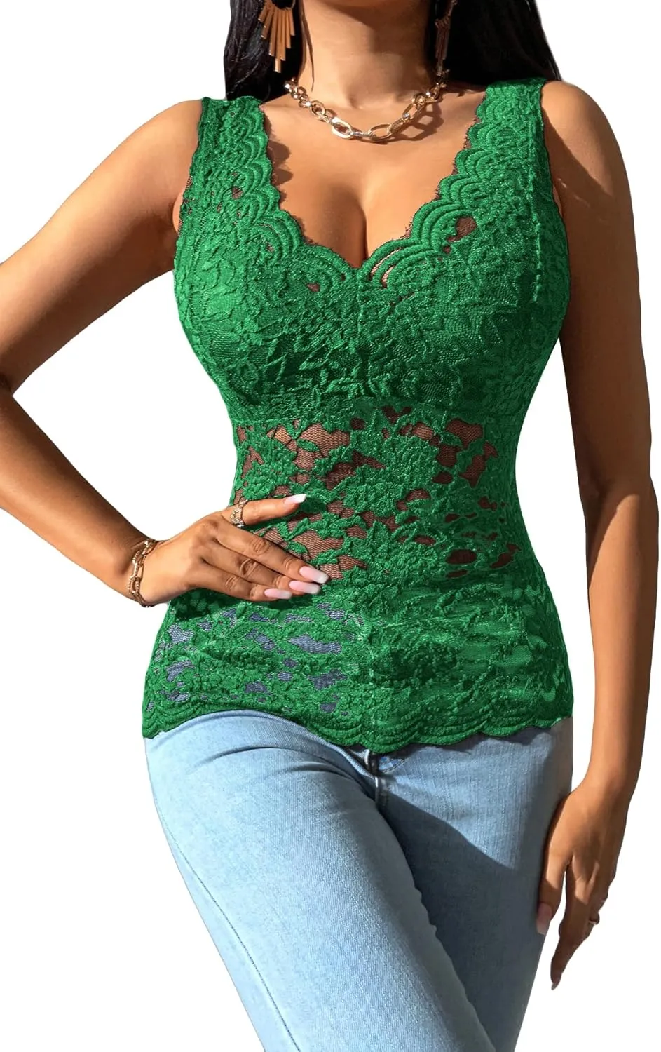 OYOANGLE Women's Sleeveless Mesh Floral Lace Scallop V Neck Backless Tank Top Blouse