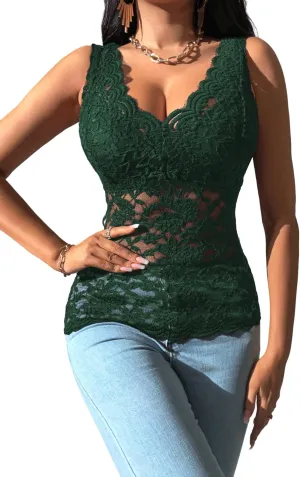 OYOANGLE Women's Sleeveless Mesh Floral Lace Scallop V Neck Backless Tank Top Blouse