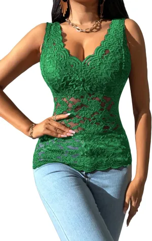 OYOANGLE Women's Sleeveless Mesh Floral Lace Scallop V Neck Backless Tank Top Blouse
