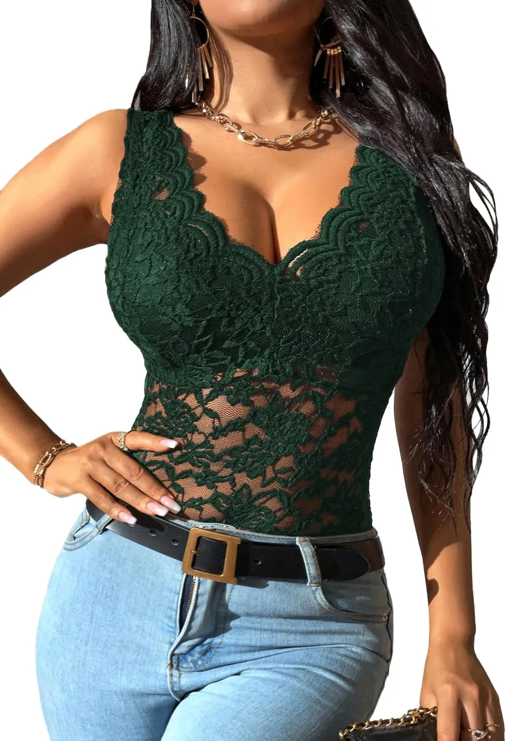 OYOANGLE Women's Sleeveless Mesh Floral Lace Scallop V Neck Backless Tank Top Blouse