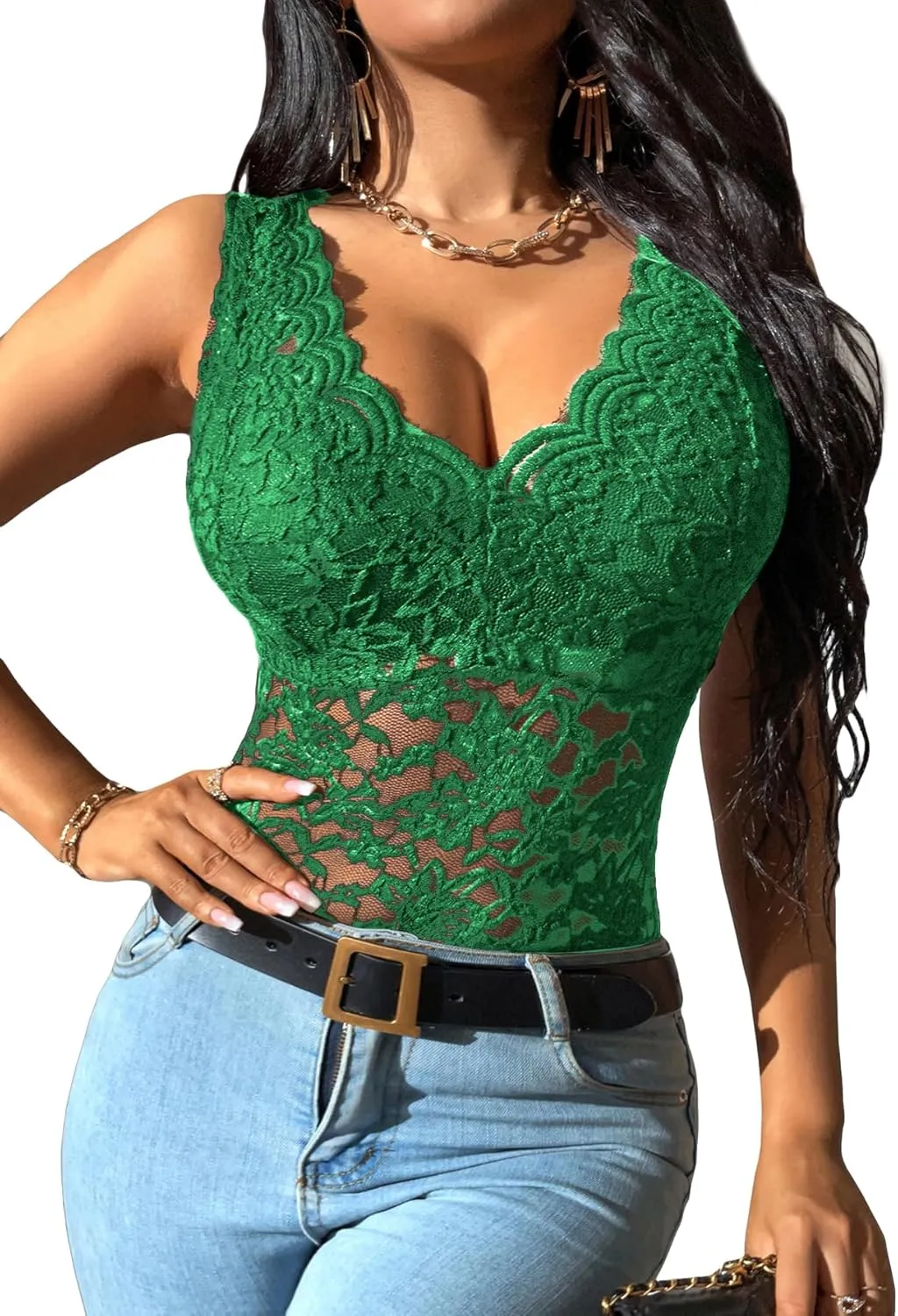 OYOANGLE Women's Sleeveless Mesh Floral Lace Scallop V Neck Backless Tank Top Blouse