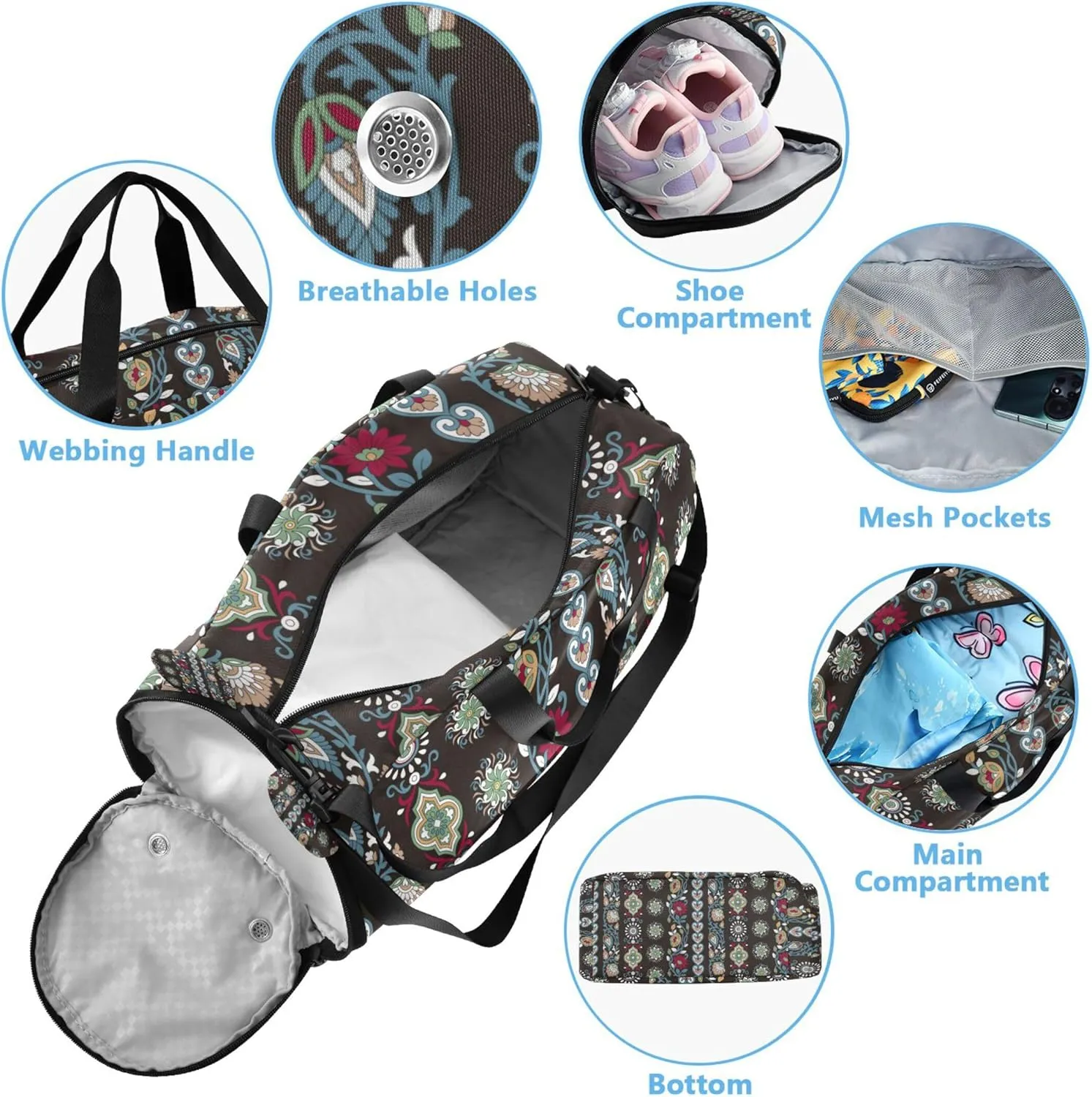 Paisley Black Small Gym Bag with Shoes Compartment Large Capacity Weekend Travel Bag for Travel, Sports, Duffel, Weekender