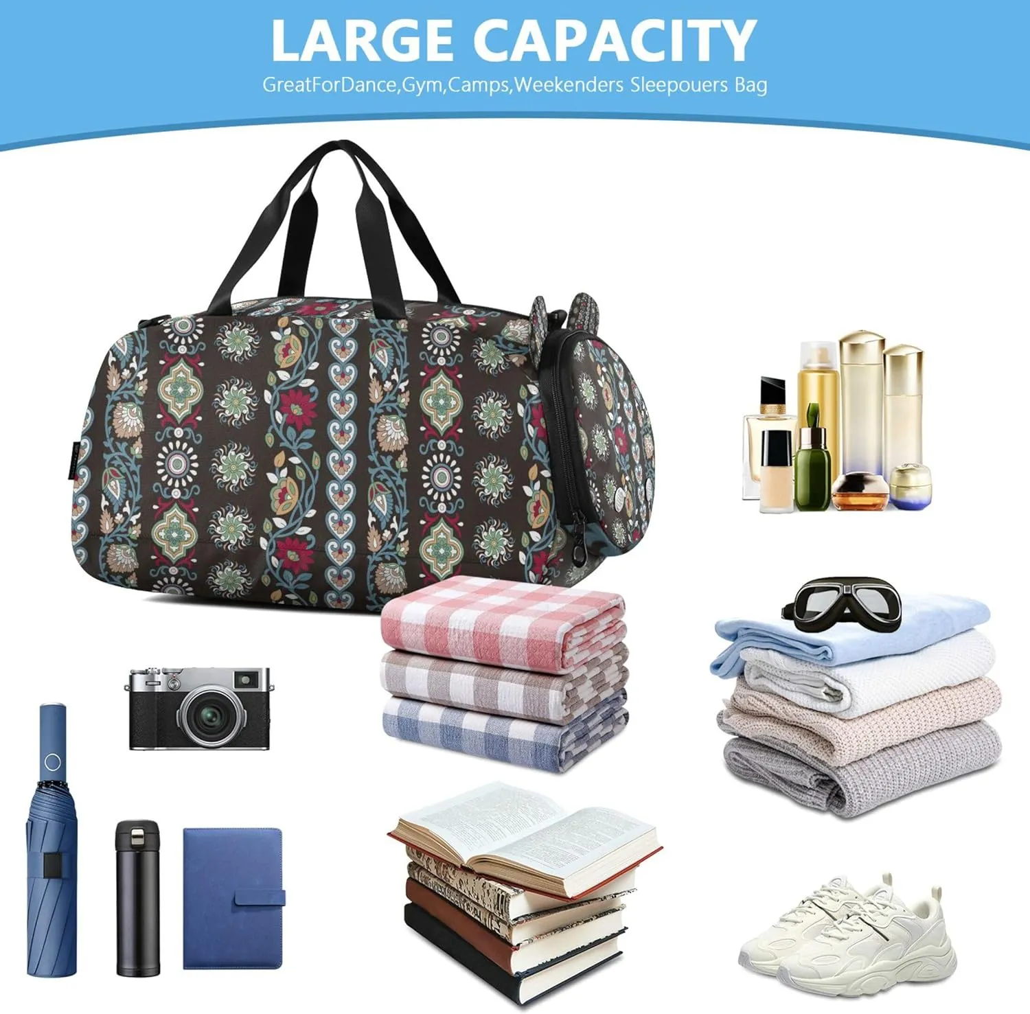 Paisley Black Small Gym Bag with Shoes Compartment Large Capacity Weekend Travel Bag for Travel, Sports, Duffel, Weekender