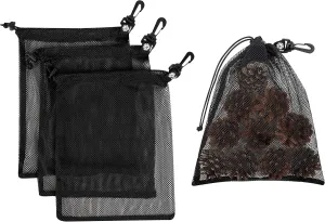 PALTERWEAR Mesh Drawstring Bag With Clip and Toggle Closure - For Scuba, Scalloping, Camping - Multi-Use Set of 4 (Black, 9 x 12 inch)