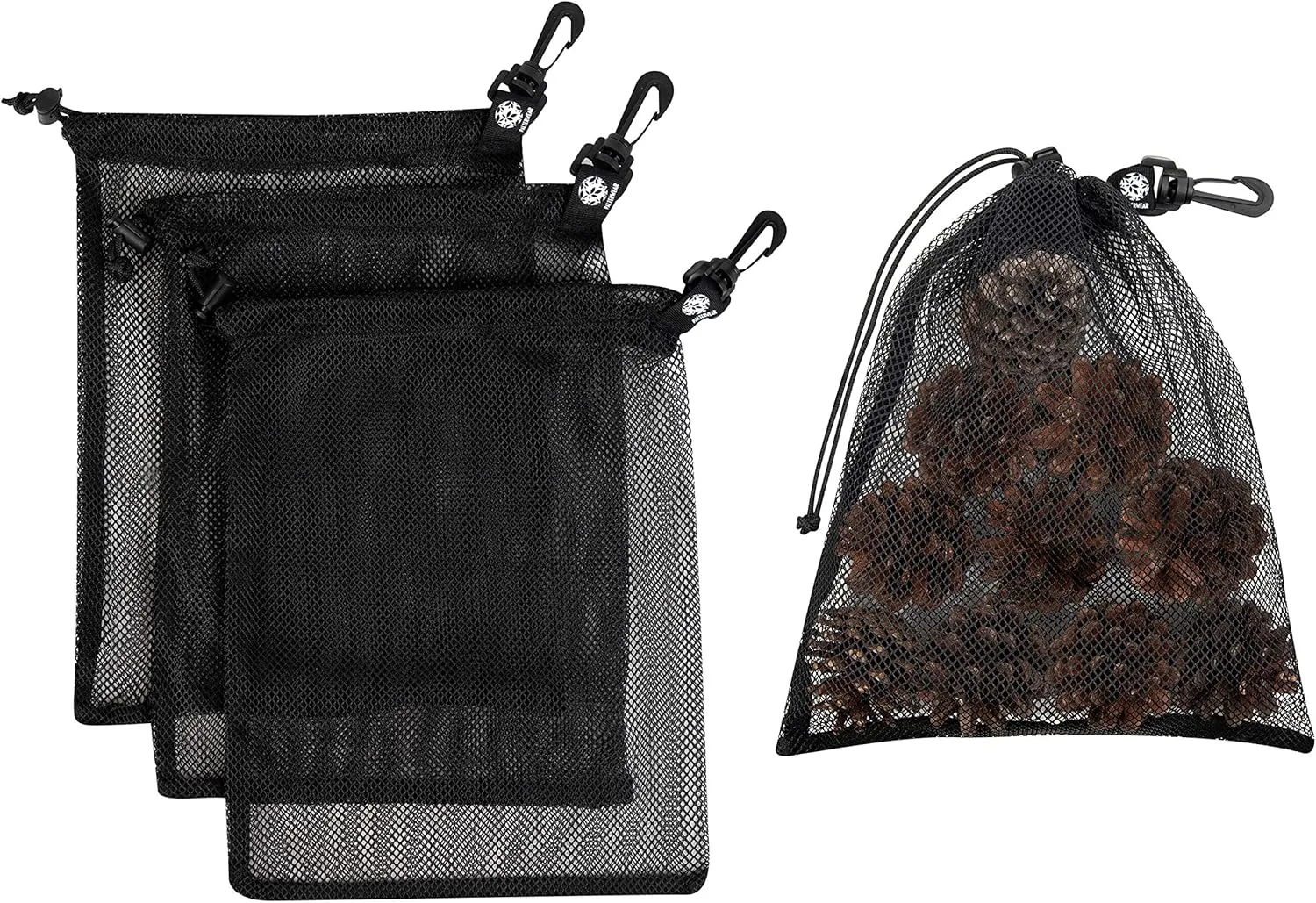 PALTERWEAR Mesh Drawstring Bag With Clip and Toggle Closure - For Scuba, Scalloping, Camping - Multi-Use Set of 4 (Black, 9 x 12 inch)