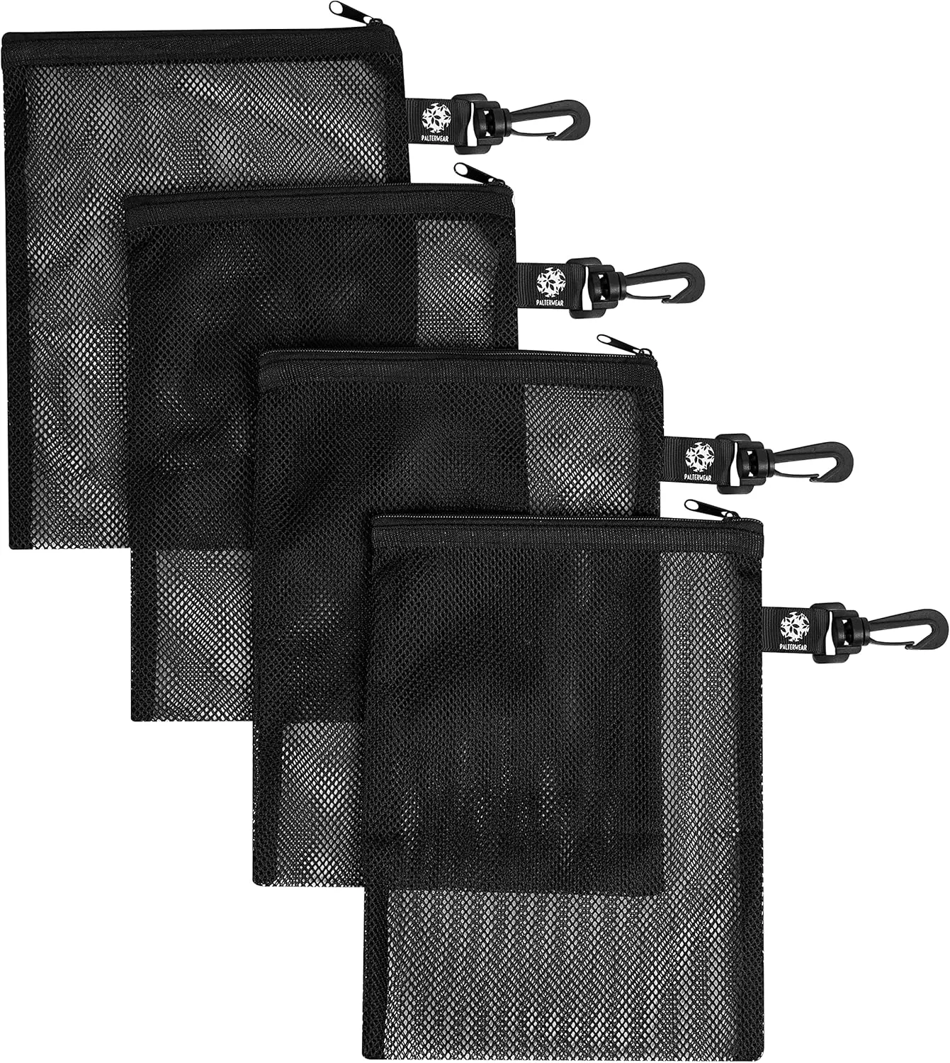 PALTERWEAR Mesh Zipper Bag with Fastening Clip - For Watersports Hiking Snorkeling - Set of 4 (Black, 7 x 9 inch)