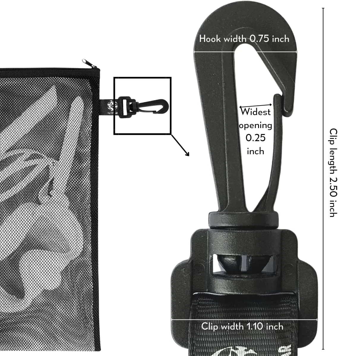 PALTERWEAR Mesh Zipper Bag with Fastening Clip - For Watersports Hiking Snorkeling - Set of 4 (Black, 7 x 9 inch)