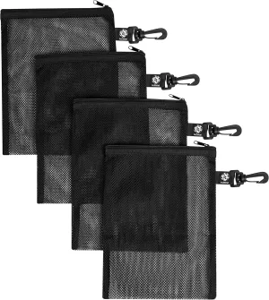 PALTERWEAR Mesh Zipper Bag with Fastening Clip - For Watersports Hiking Snorkeling - Set of 4 (Black, 7 x 9 inch)