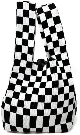 Patti Checkered Shopping Tote Bag - Double-Knit Reusable Tote | 100% Polyester | Stylish & Durable Tote for Travel & Work