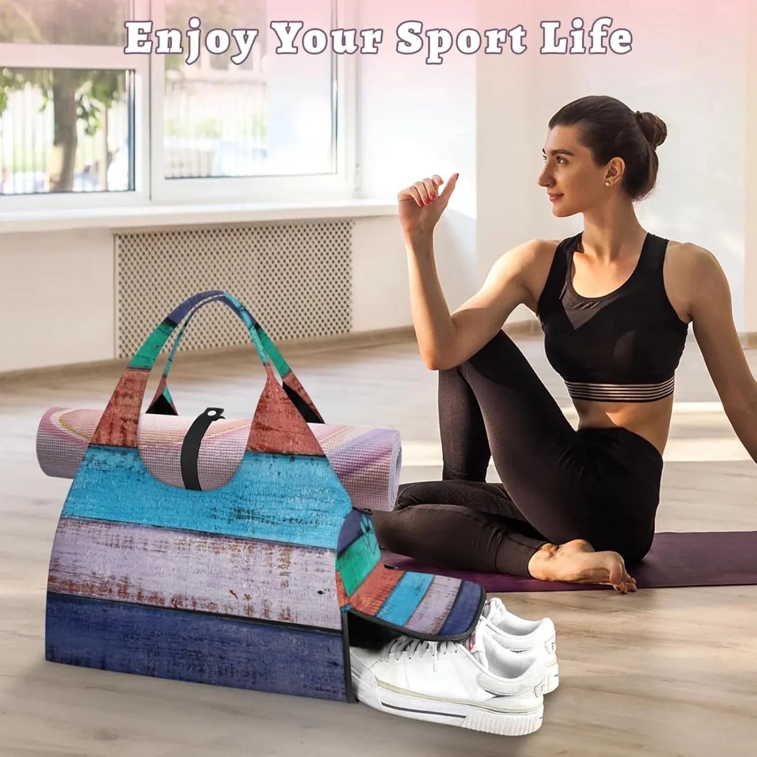 Paw On Wall Gym Bag Yoga Mat Tote for Women with Shoes Compartment Lightweight Duffle Travel Carrier Wet Dry Storage Pockets Adjustable Pilates Mats Shoulder Bags for Sport Swim