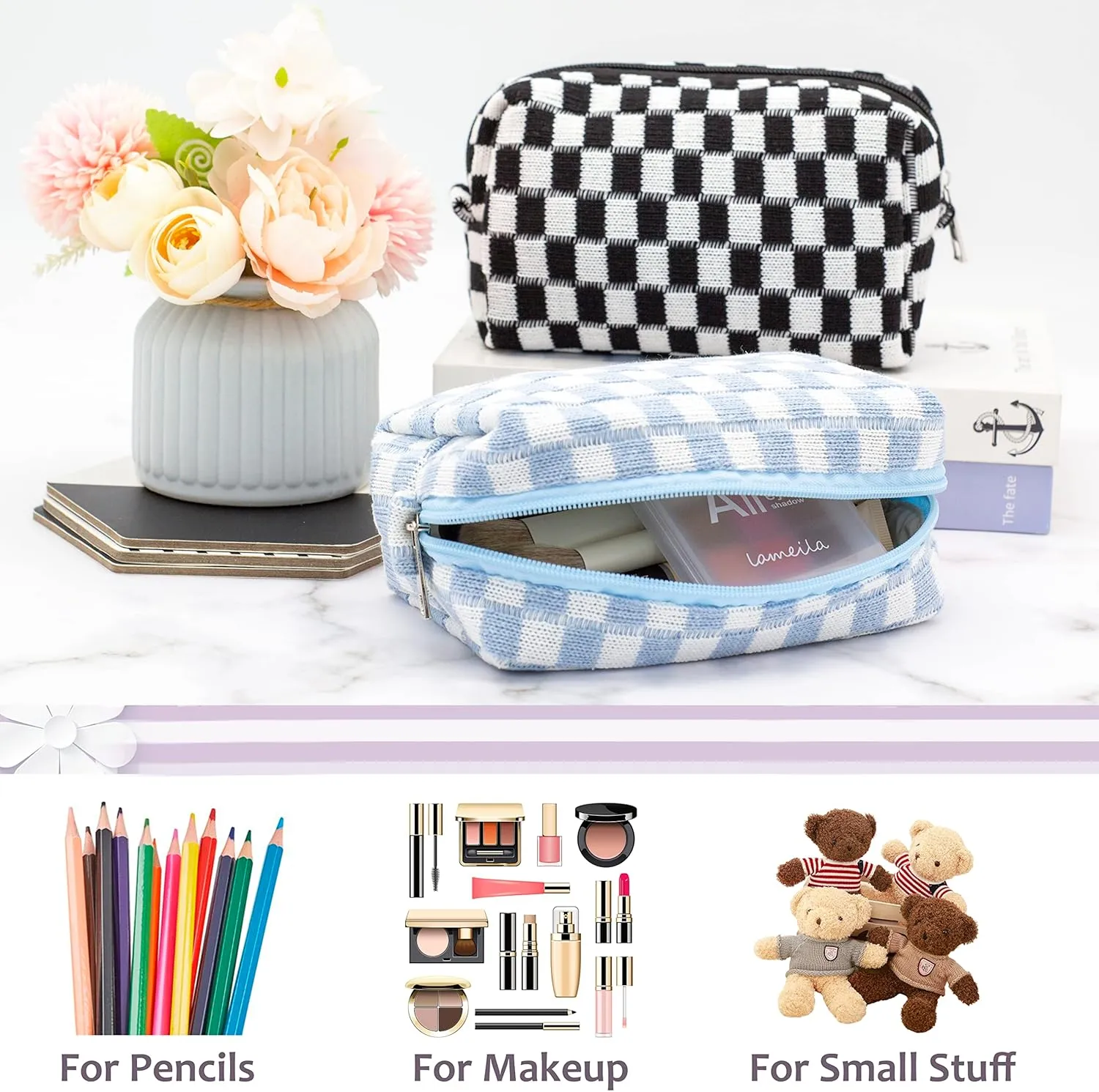 PAZIMIIK Checkered Makeup Bag for Purse Portable Zipper Make Up Pouch Small Cosmetic Case for Travel Accessories (6PCS Blue)