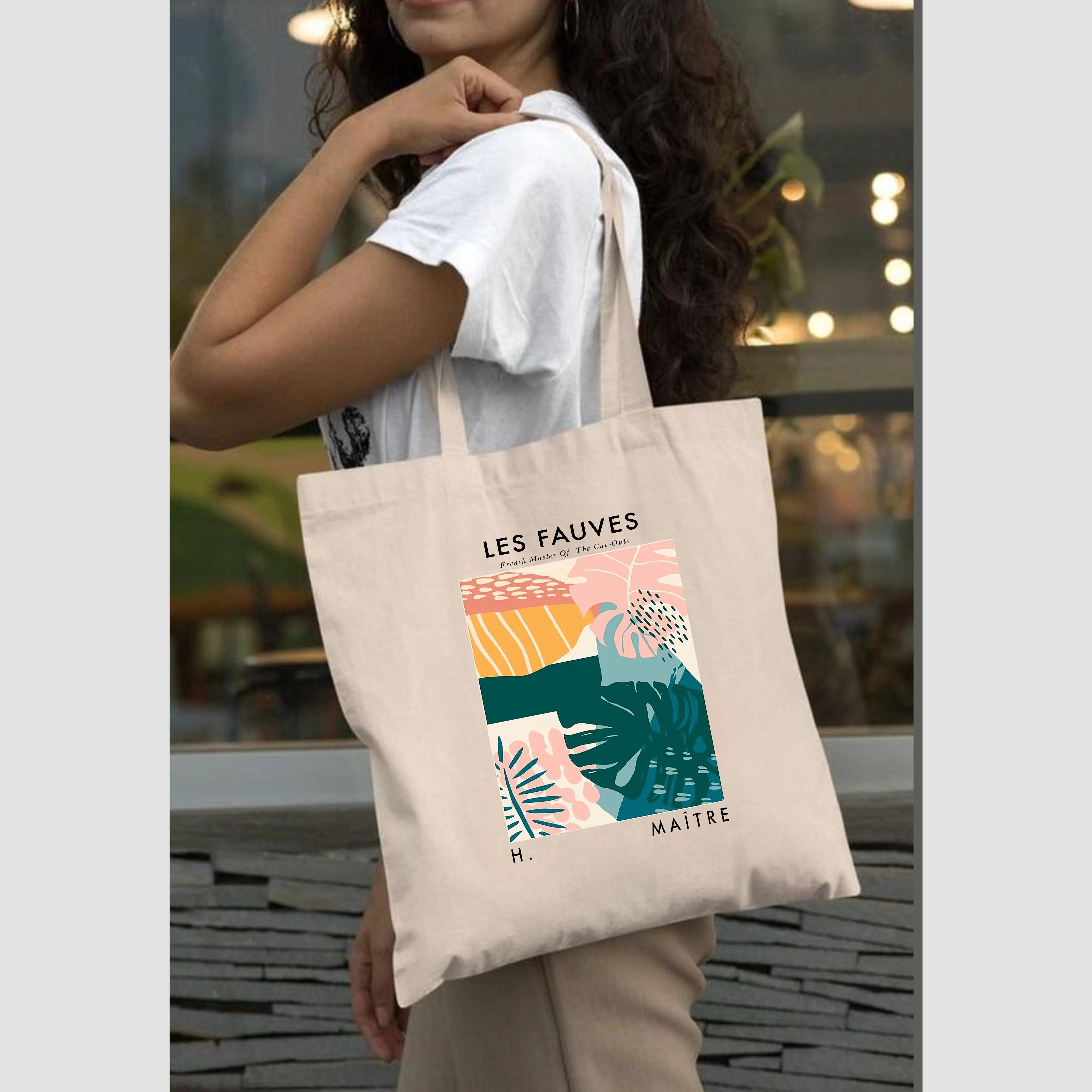 Peach Blossom Women's Cotton Printed Tote Bag With Zipper and Pouch