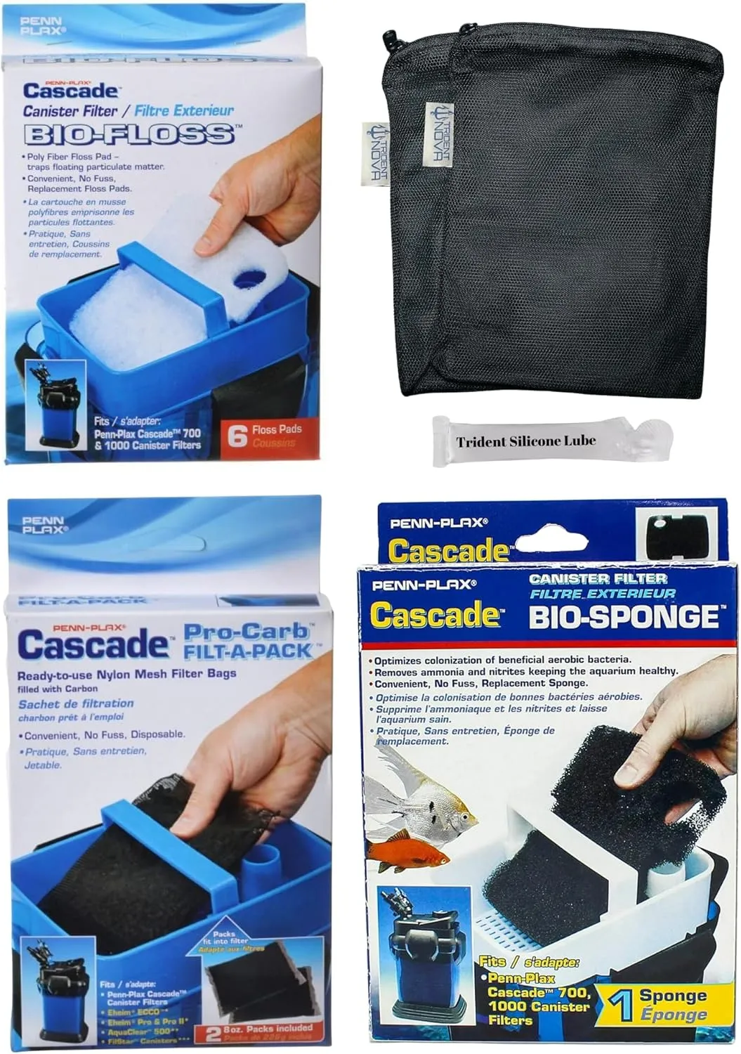 Penn-Plax Cascade 700/1000 Canister Maintenance & Replacement Filter Media Kit, including Trident Mesh Bags(Penn-Plax Poly Fiber Bio-Floss Pads, Bio Sponge, Media Bags filled with carbon)