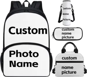 Personalized Backpack and Lunchbox for Girls Customize Backpack for Boys with Name Photo Picture Custom Bookbag for Kids Teens School Backpack Set with Pencil Case Water Bottle Holder 4 pcs