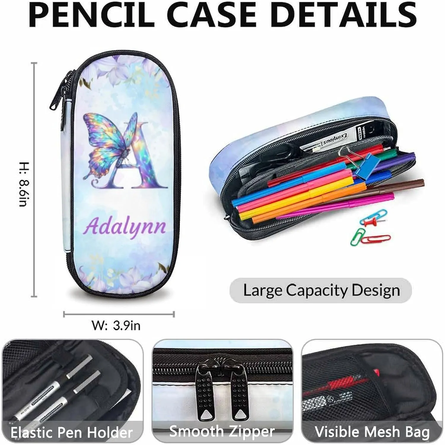 Personalized Butterfly Backpack, Cute Initial Backpack with Lunch Box, Set of 3 Custom School Bag for Girls, 17 Inch Student Bookbag and Pencil Case Bundle for Travel, Work and School