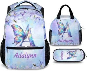 Personalized Butterfly Backpack, Cute Initial Backpack with Lunch Box, Set of 3 Custom School Bag for Girls, 17 Inch Student Bookbag and Pencil Case Bundle for Travel, Work and School