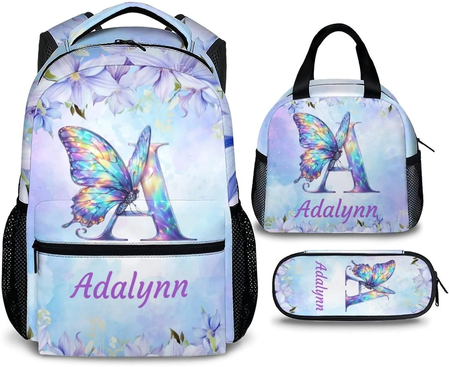 Personalized Butterfly Backpack, Cute Initial Backpack with Lunch Box, Set of 3 Custom School Bag for Girls, 17 Inch Student Bookbag and Pencil Case Bundle for Travel, Work and School