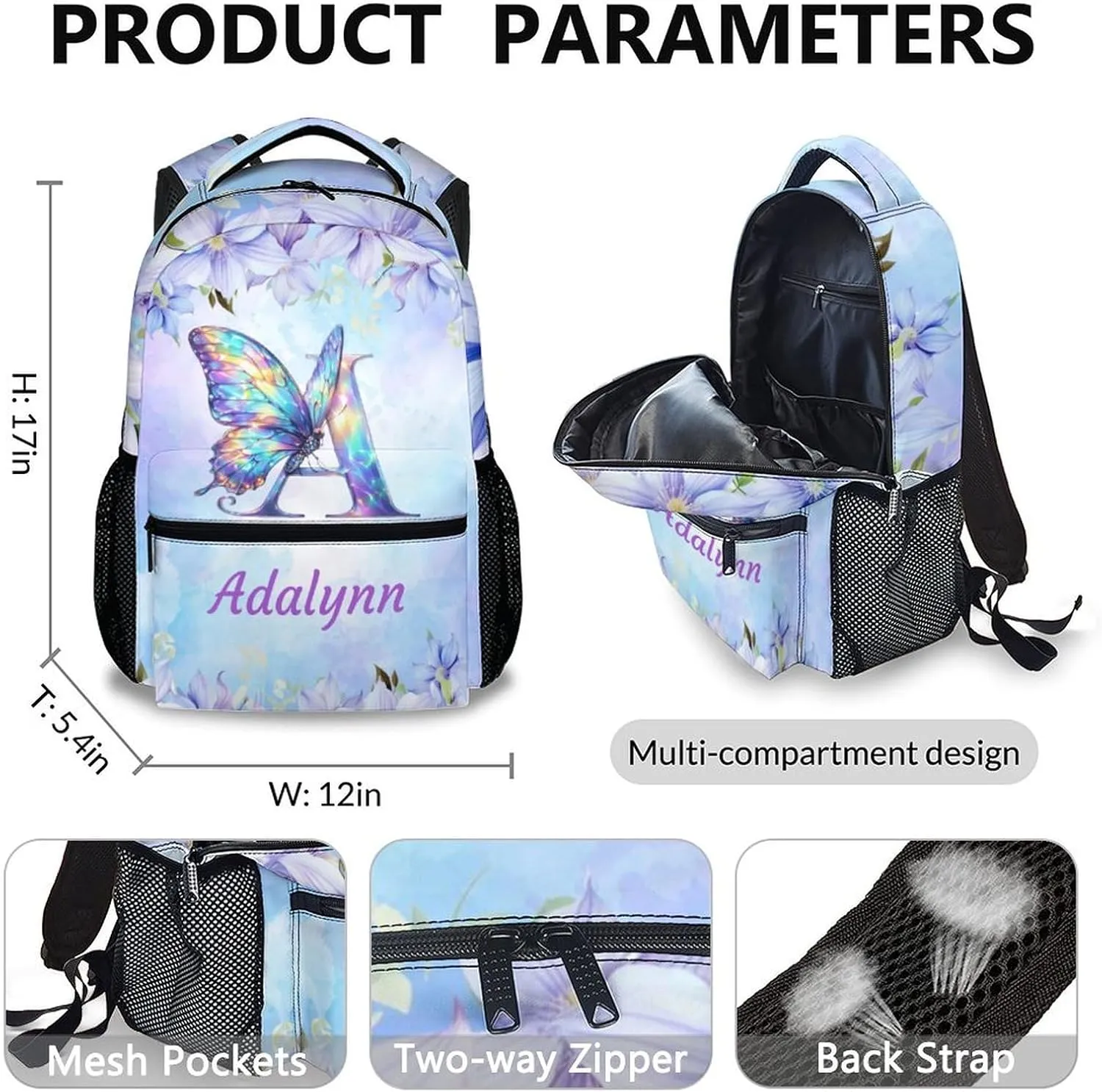 Personalized Butterfly Backpack, Cute Initial Backpack with Lunch Box, Set of 3 Custom School Bag for Girls, 17 Inch Student Bookbag and Pencil Case Bundle for Travel, Work and School