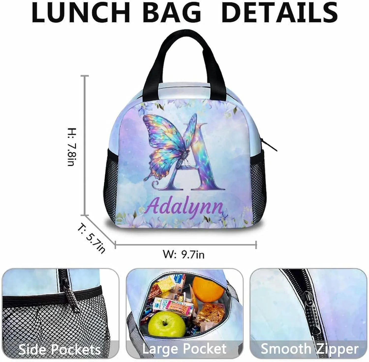 Personalized Butterfly Backpack, Cute Initial Backpack with Lunch Box, Set of 3 Custom School Bag for Girls, 17 Inch Student Bookbag and Pencil Case Bundle for Travel, Work and School