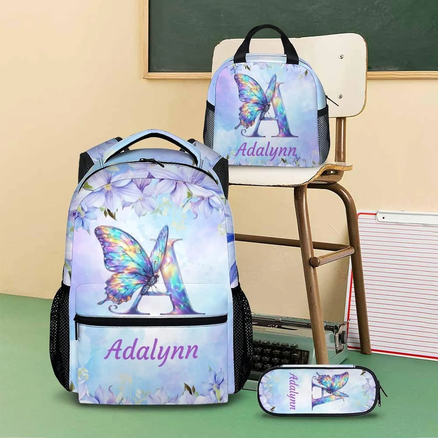 Personalized Butterfly Backpack, Cute Initial Backpack with Lunch Box, Set of 3 Custom School Bag for Girls, 17 Inch Student Bookbag and Pencil Case Bundle for Travel, Work and School