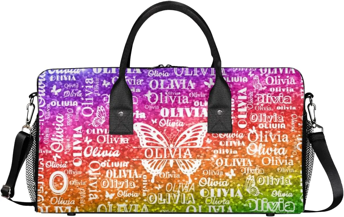 Personalized Dance Duffle Bag for Women, Custom Gym Duffel Bag, Butterfly Printed with Names Ranked Bright Colorful Rainbow Red Green Purple Sequins Glitter