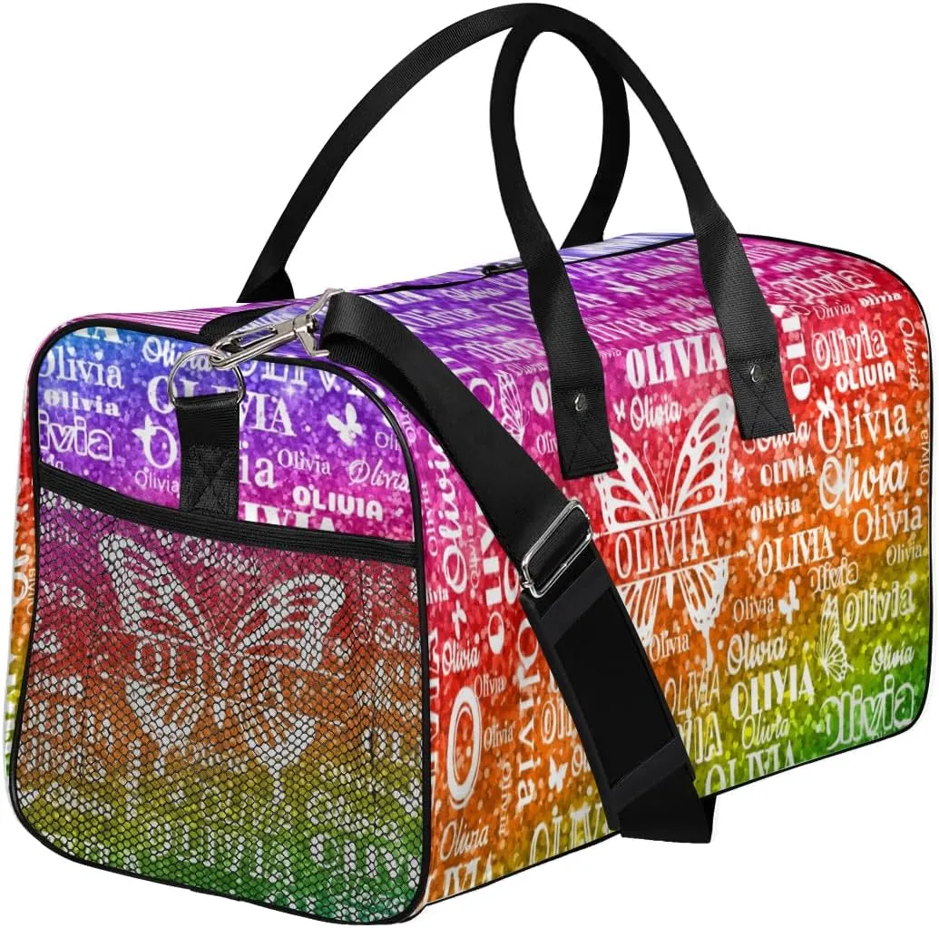 Personalized Dance Duffle Bag for Women, Custom Gym Duffel Bag, Butterfly Printed with Names Ranked Bright Colorful Rainbow Red Green Purple Sequins Glitter