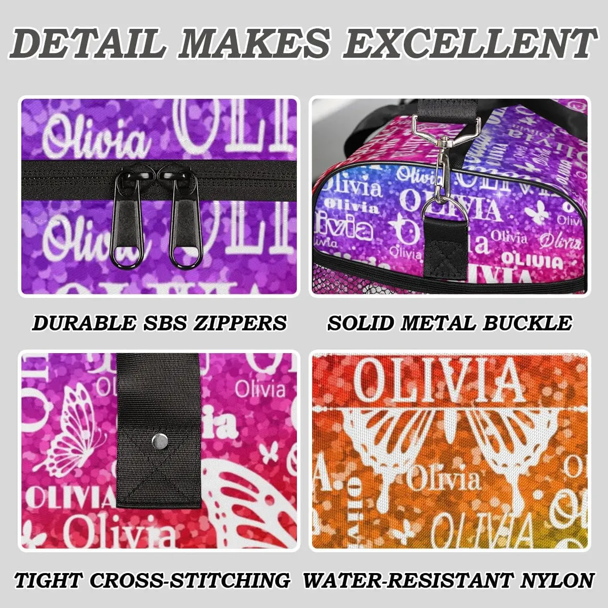 Personalized Dance Duffle Bag for Women, Custom Gym Duffel Bag, Butterfly Printed with Names Ranked Bright Colorful Rainbow Red Green Purple Sequins Glitter