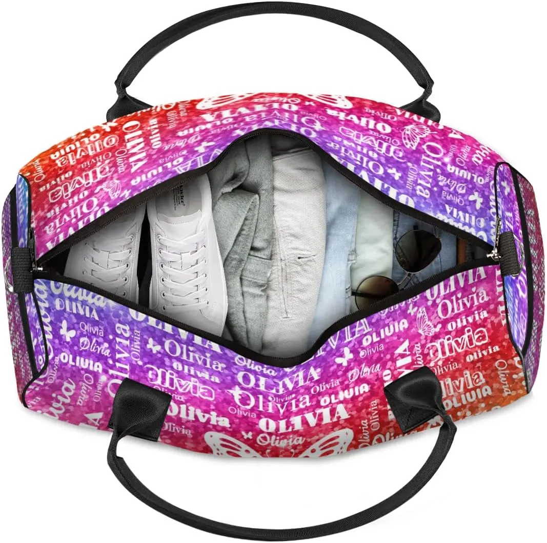 Personalized Dance Duffle Bag for Women, Custom Gym Duffel Bag, Butterfly Printed with Names Ranked Bright Colorful Rainbow Red Green Purple Sequins Glitter