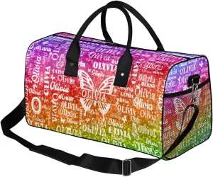 Personalized Dance Duffle Bag for Women, Custom Gym Duffel Bag, Butterfly Printed with Names Ranked Bright Colorful Rainbow Red Green Purple Sequins Glitter