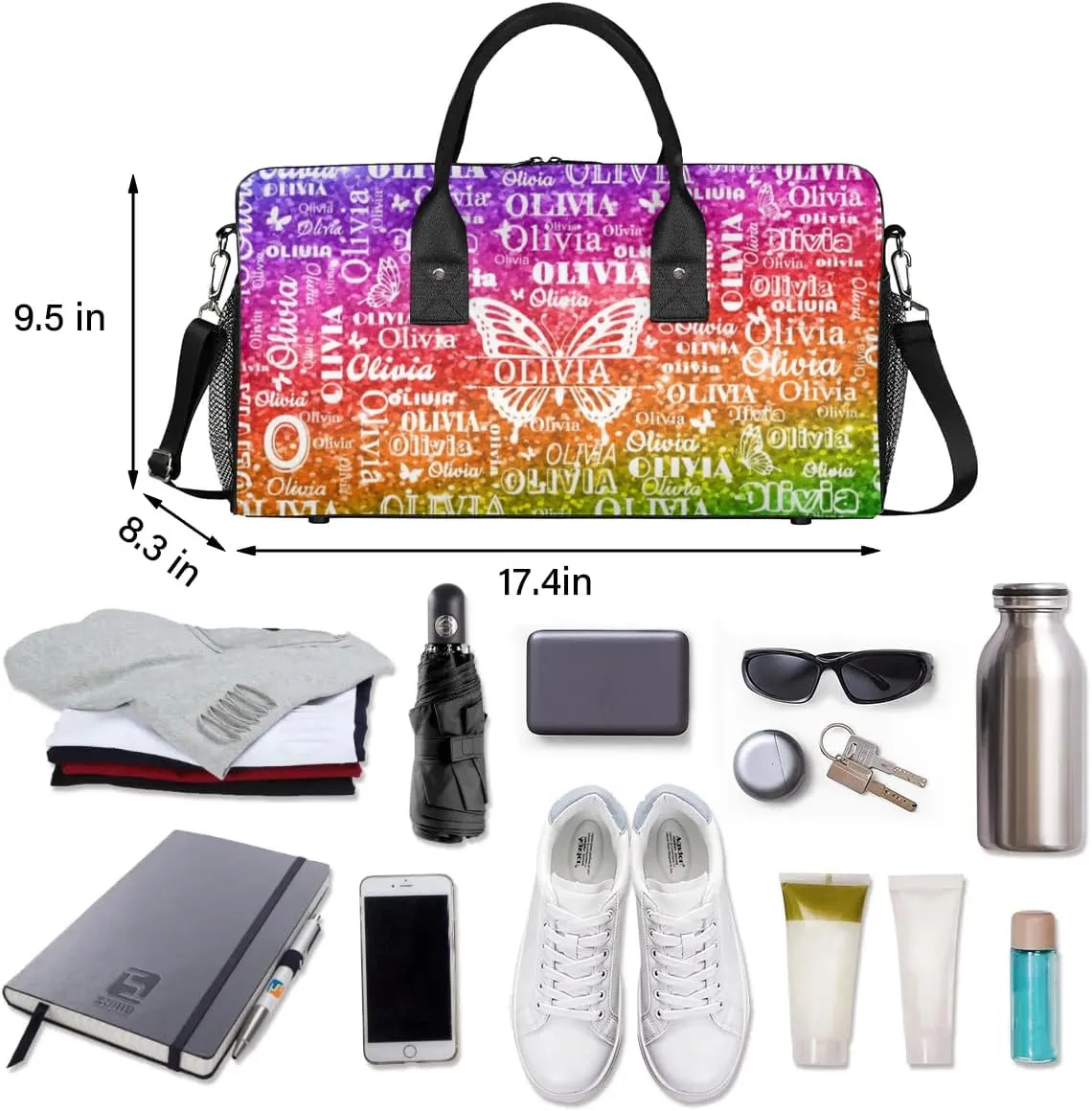 Personalized Dance Duffle Bag for Women, Custom Gym Duffel Bag, Butterfly Printed with Names Ranked Bright Colorful Rainbow Red Green Purple Sequins Glitter