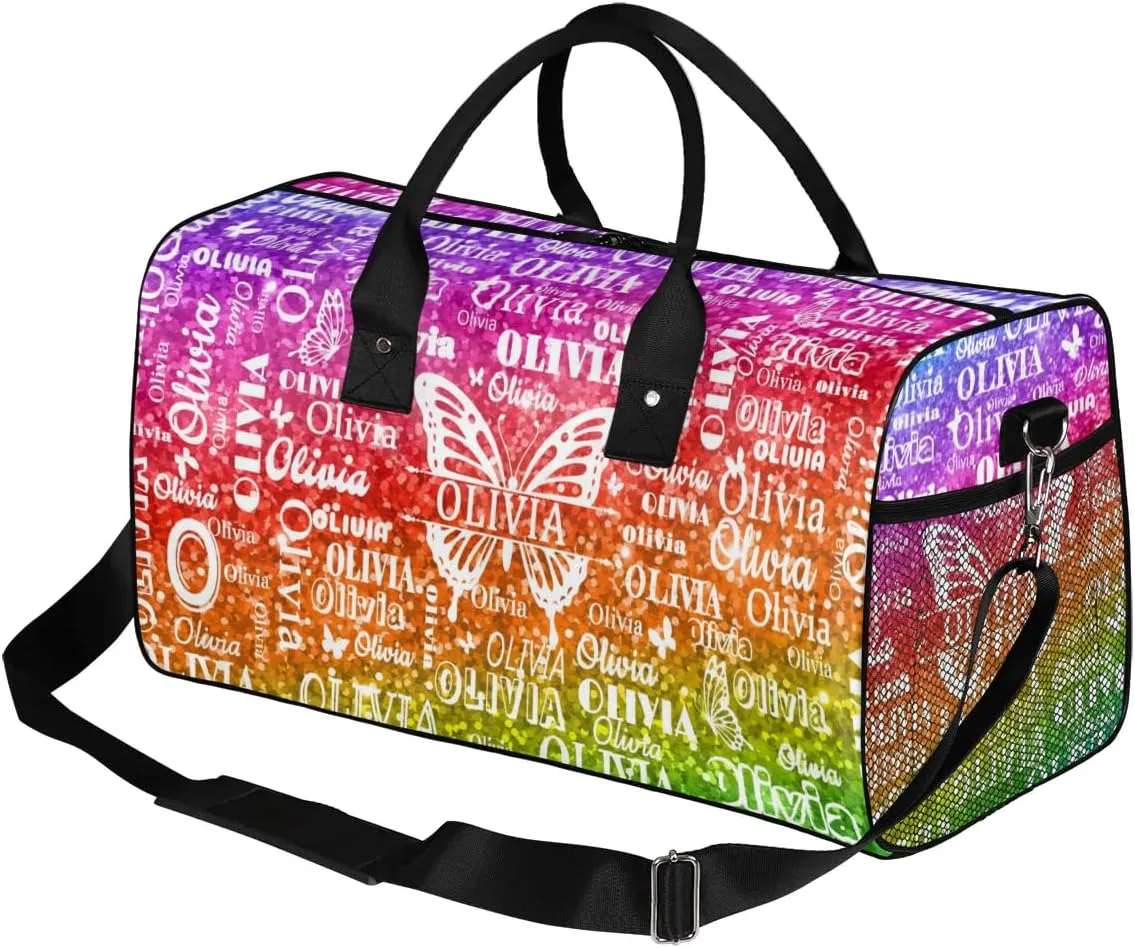 Personalized Dance Duffle Bag for Women, Custom Gym Duffel Bag, Butterfly Printed with Names Ranked Bright Colorful Rainbow Red Green Purple Sequins Glitter