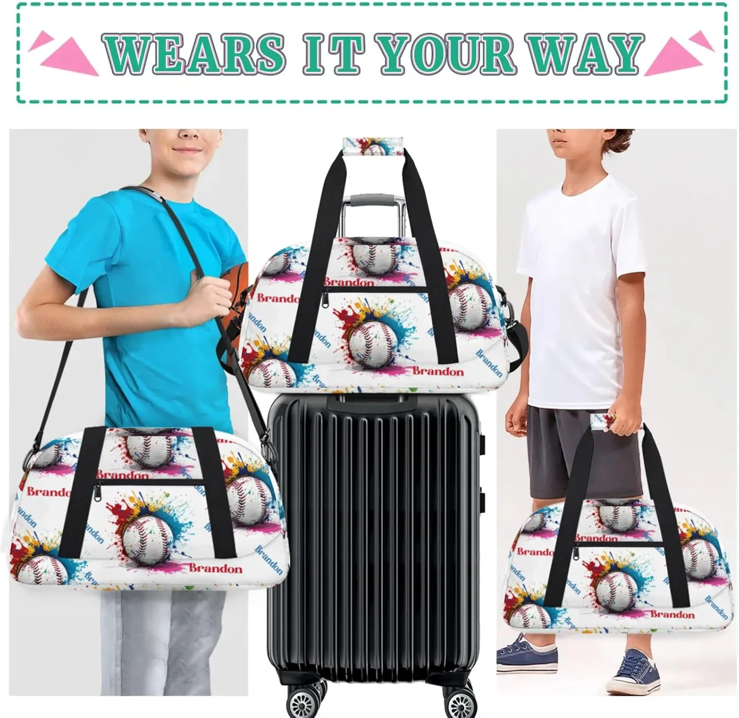 Personalized Duffle-Bag for-Girls-Boys Customized Sports-Bag Carry-On-Bag Gym-Travel-Bag Football-Bag Gymnastics-Bag Blue White Red Yellow Baseball Brandon