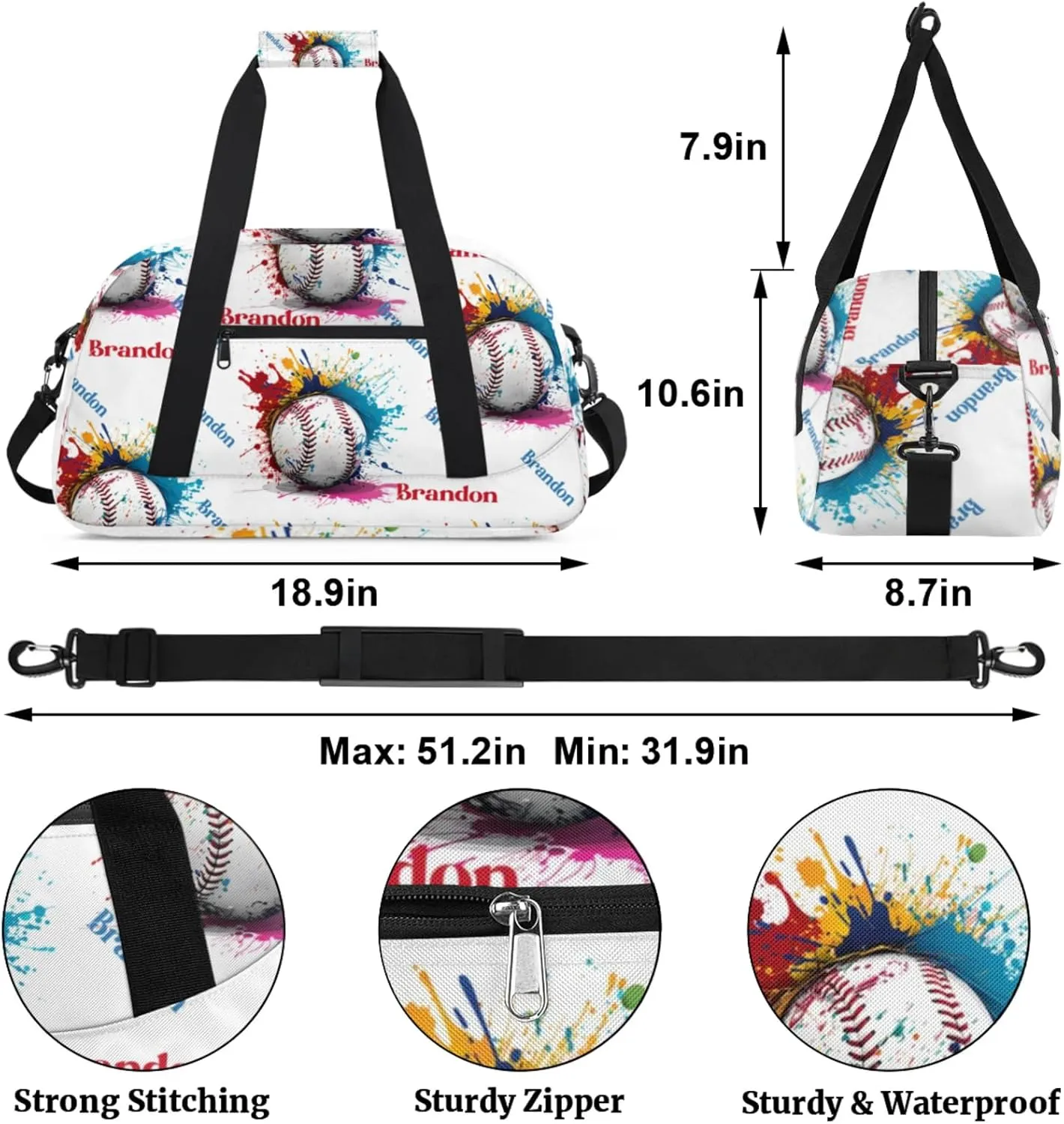 Personalized Duffle-Bag for-Girls-Boys Customized Sports-Bag Carry-On-Bag Gym-Travel-Bag Football-Bag Gymnastics-Bag Blue White Red Yellow Baseball Brandon