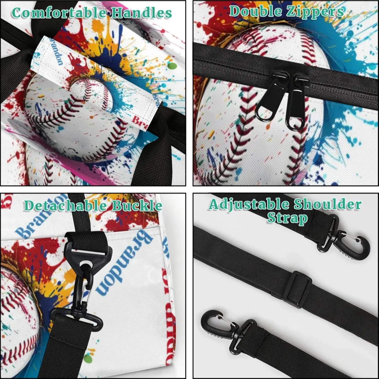 Personalized Duffle-Bag for-Girls-Boys Customized Sports-Bag Carry-On-Bag Gym-Travel-Bag Football-Bag Gymnastics-Bag Blue White Red Yellow Baseball Brandon