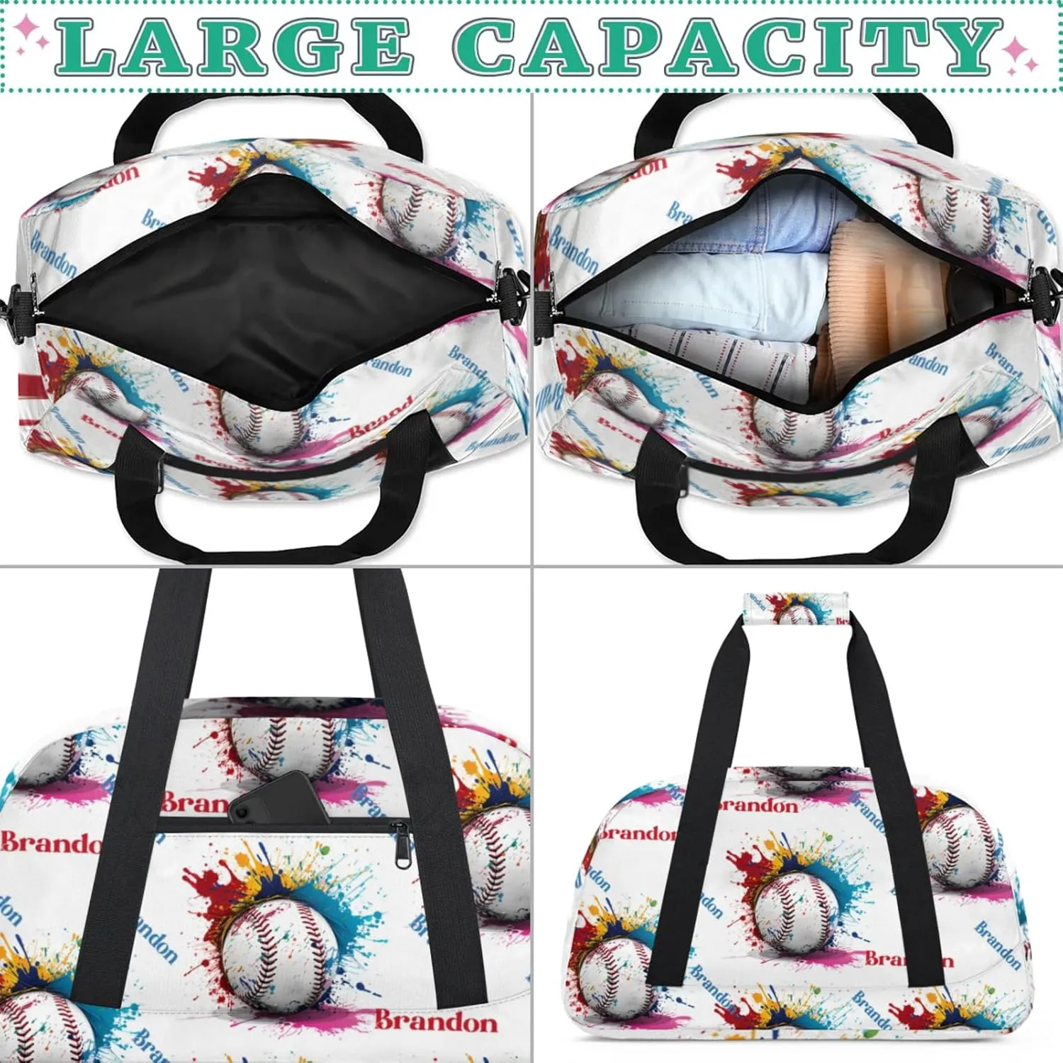 Personalized Duffle-Bag for-Girls-Boys Customized Sports-Bag Carry-On-Bag Gym-Travel-Bag Football-Bag Gymnastics-Bag Blue White Red Yellow Baseball Brandon