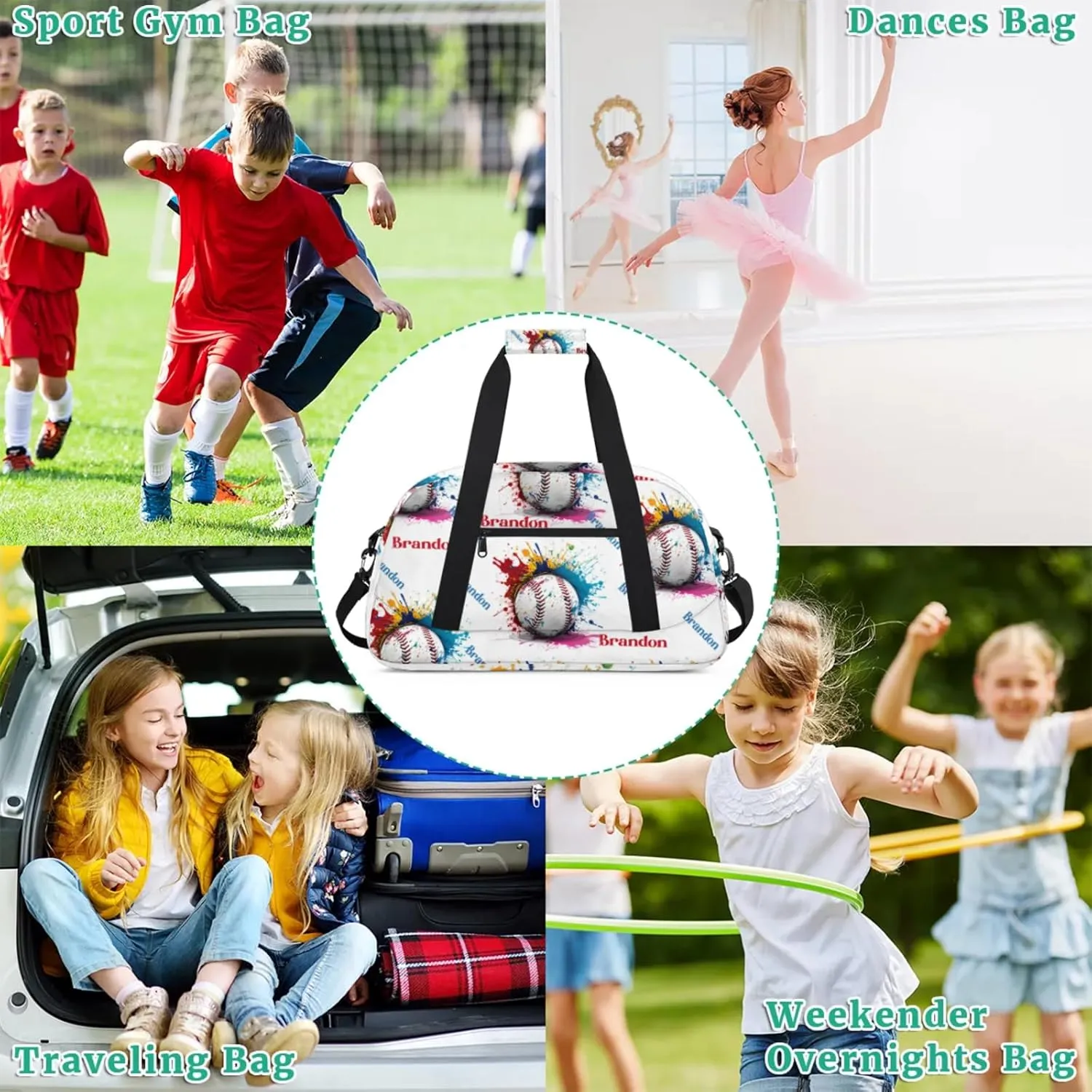 Personalized Duffle-Bag for-Girls-Boys Customized Sports-Bag Carry-On-Bag Gym-Travel-Bag Football-Bag Gymnastics-Bag Blue White Red Yellow Baseball Brandon