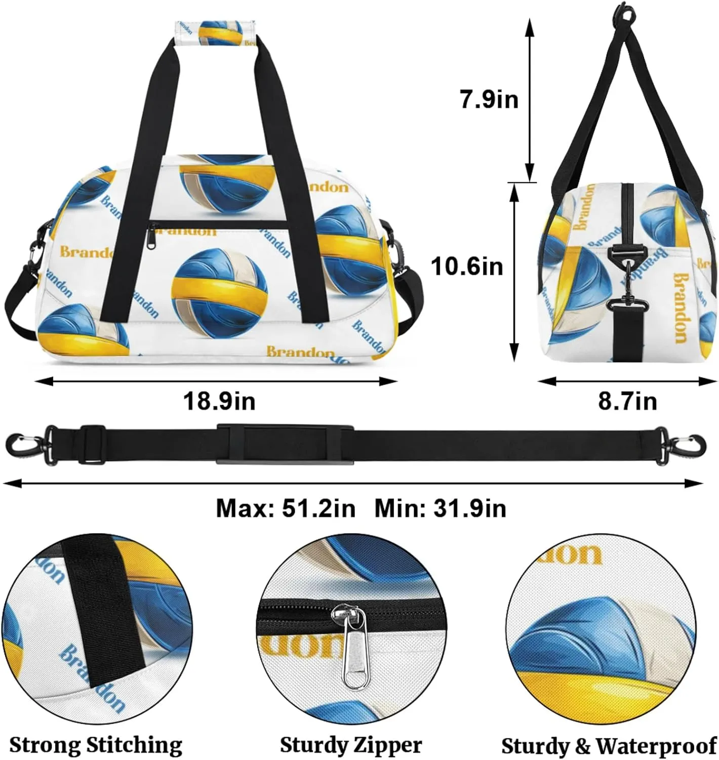 Personalized Duffle-Bag for-Girls-Boys Customized Sports-Bag Carry-On-Bag Gym-Travel-Bag Football-Bag Gymnastics-Bag Blue Yellow White Volleyball Brandon