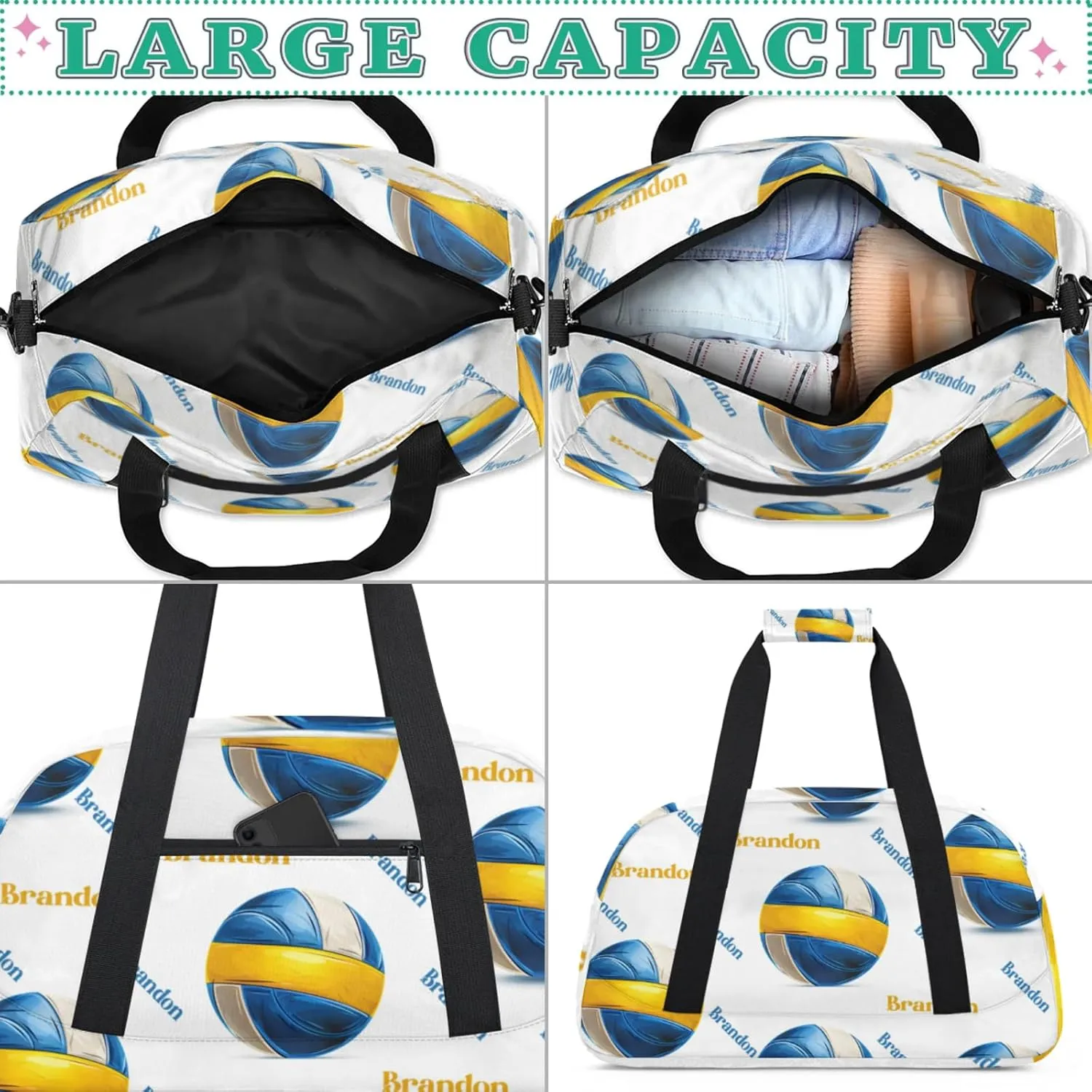 Personalized Duffle-Bag for-Girls-Boys Customized Sports-Bag Carry-On-Bag Gym-Travel-Bag Football-Bag Gymnastics-Bag Blue Yellow White Volleyball Brandon