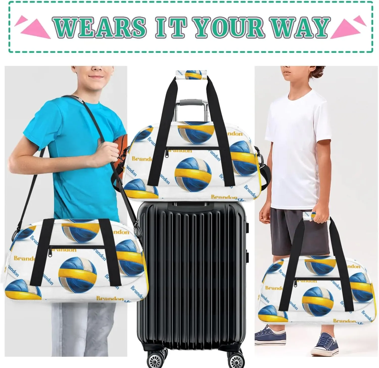 Personalized Duffle-Bag for-Girls-Boys Customized Sports-Bag Carry-On-Bag Gym-Travel-Bag Football-Bag Gymnastics-Bag Blue Yellow White Volleyball Brandon