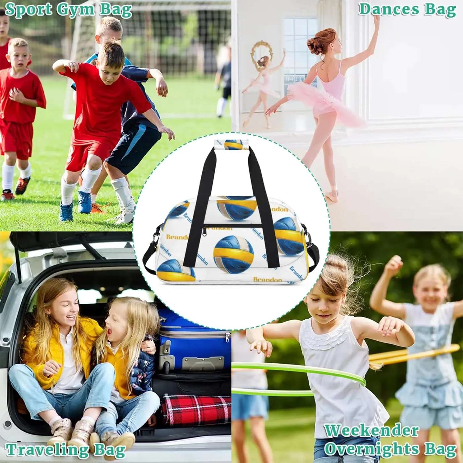 Personalized Duffle-Bag for-Girls-Boys Customized Sports-Bag Carry-On-Bag Gym-Travel-Bag Football-Bag Gymnastics-Bag Blue Yellow White Volleyball Brandon
