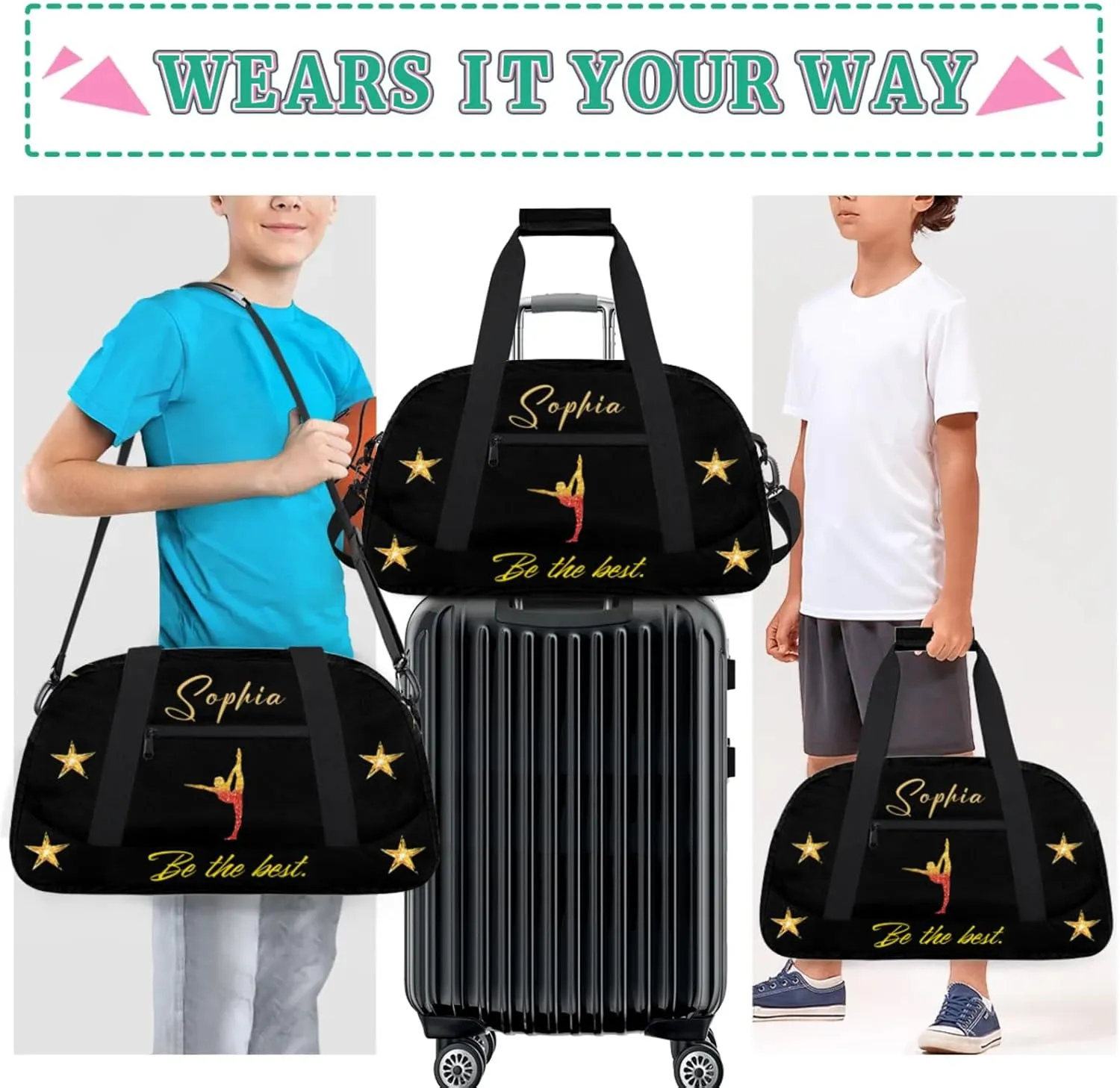 Personalized Duffle-Bag for Girls Boys,Custom Sports Gym Baseball Bag,Carry-on Lightweight for Travel Outdoor Ballet Red Golden