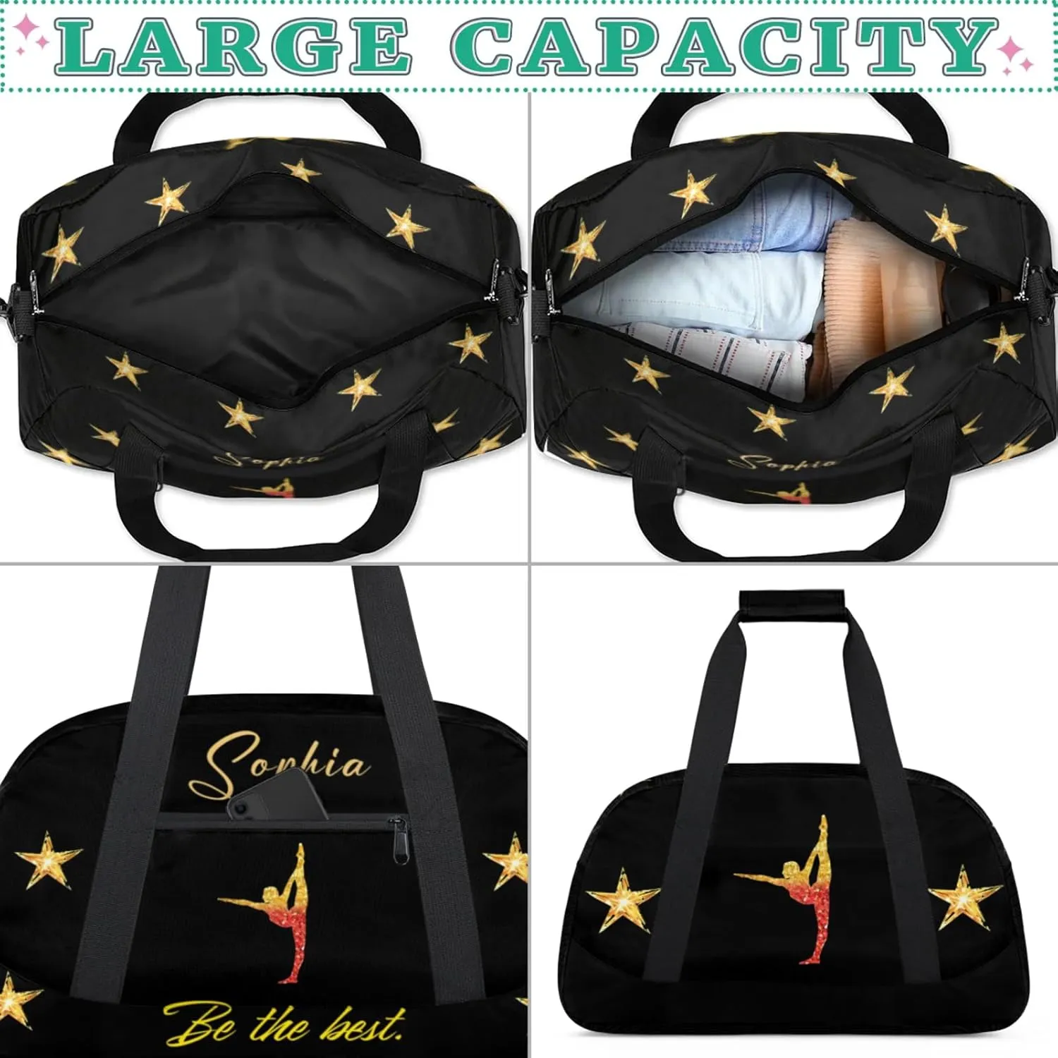 Personalized Duffle-Bag for Girls Boys,Custom Sports Gym Baseball Bag,Carry-on Lightweight for Travel Outdoor Ballet Red Golden